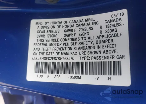 2019 Honda Civic Sport из США, поврежденный, VIN 2HGFC2F87KH562570